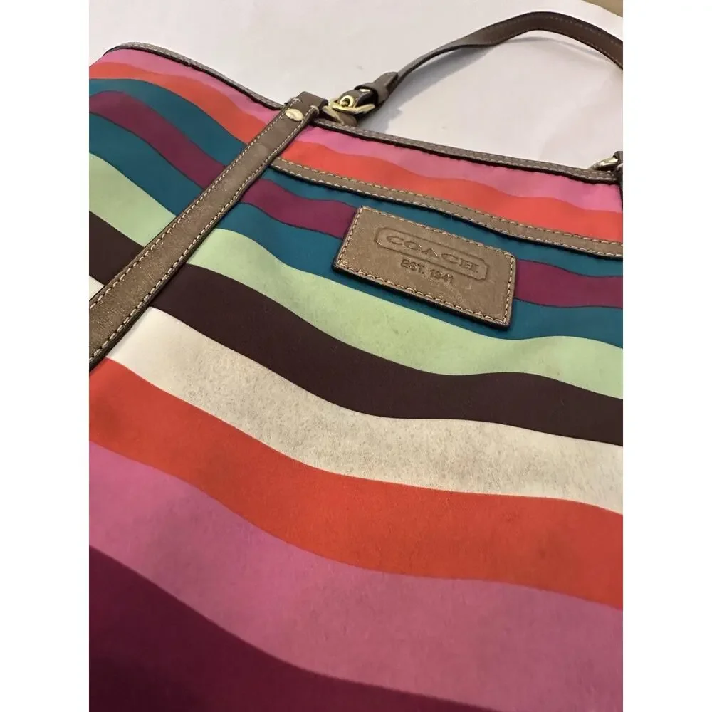 VTG Coach Tote Bag Medium Multicolor Satin Stripe Shoulder Zip Leather Trim Y2K
